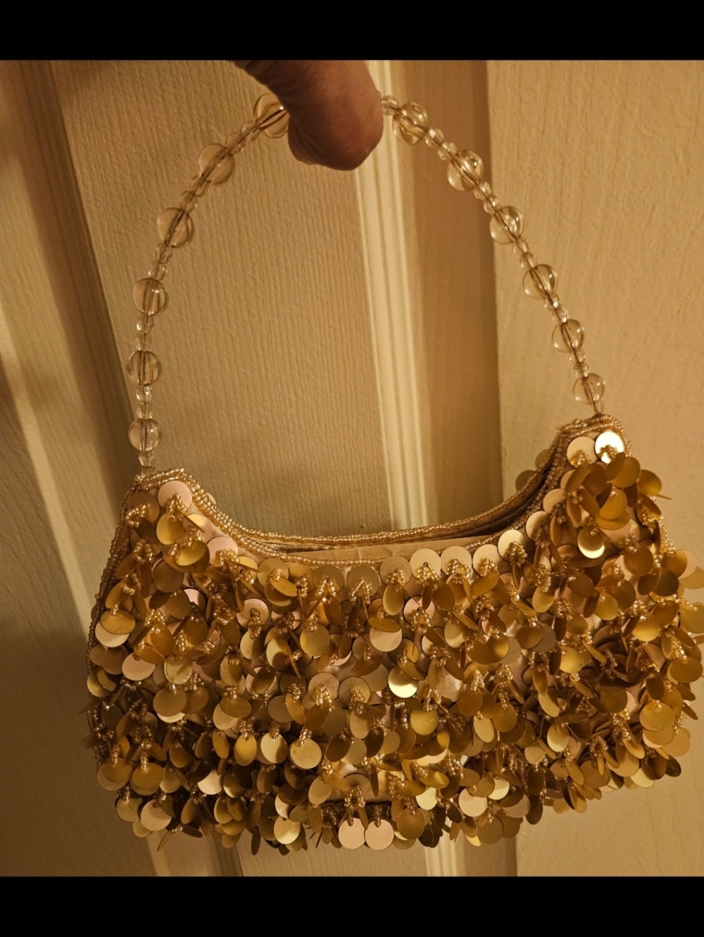 NOS Vintage Gold Sequin Fringe EvenGold Sequin Evening Clutch with Beaded Handle